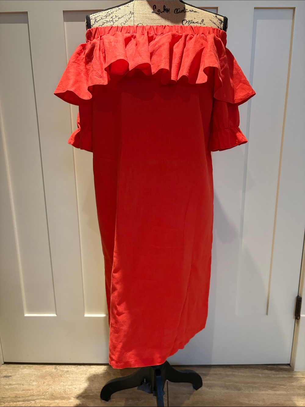 Off-the-Shoulder Red Ruffle linen Dress